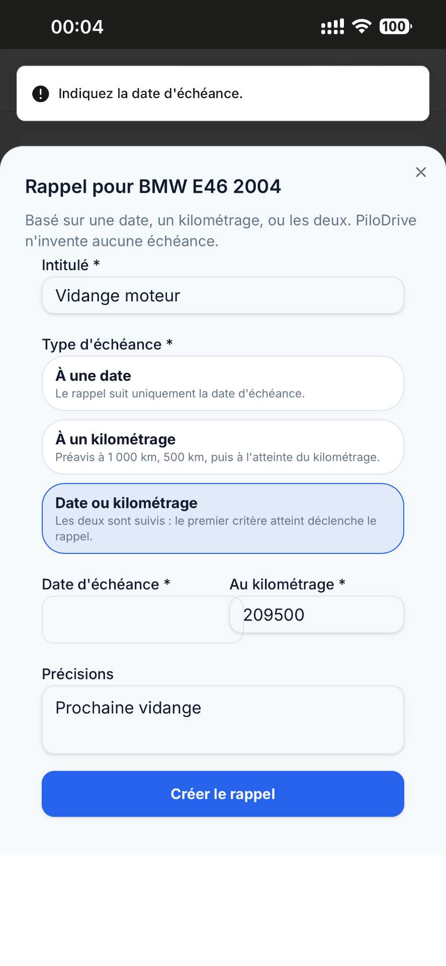 Création d’un rappel d’entretien dans PiloDrive